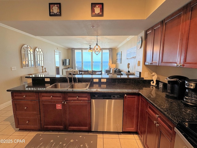 kitchen featuring dishwasher, a sink, light tile patterned floors, open floor plan, and ornamental molding