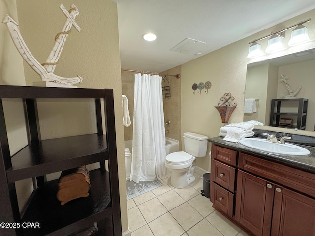 bathroom with vanity, shower / bathtub combination with curtain, tile patterned floors, and toilet