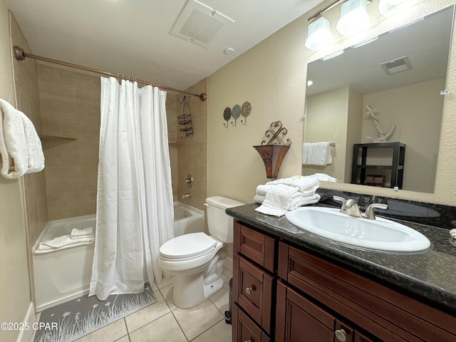 bathroom featuring tile patterned flooring, vanity, toilet, shower / bathtub combination with curtain, and visible vents