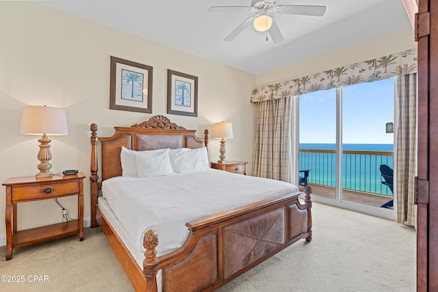 15817 Front Beach Rd Unit I-2309, Panama City Beach, FL 32413 - bedroom with light colored carpet, access to outside, a water view, and ceiling fan