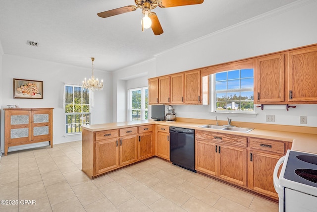 kitchen with electric range, a sink, dishwasher, light countertops, and a peninsula