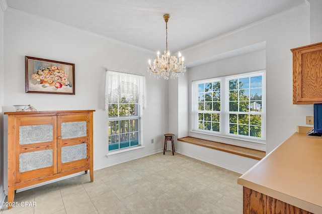 unfurnished dining area with baseboards, ornamental molding, light tile patterned floors, and a chandelier