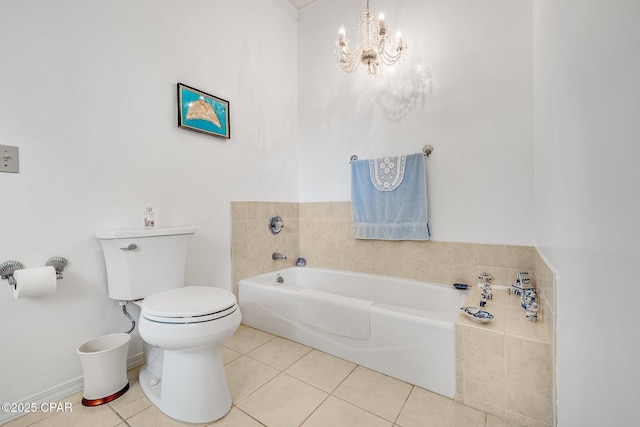 full bathroom featuring tile patterned flooring, a bath, a chandelier, and toilet