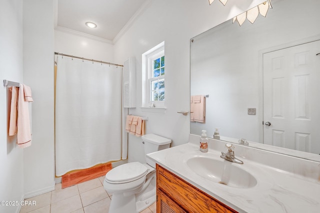 full bathroom with tile patterned flooring, ornamental molding, vanity, toilet, and a shower with curtain