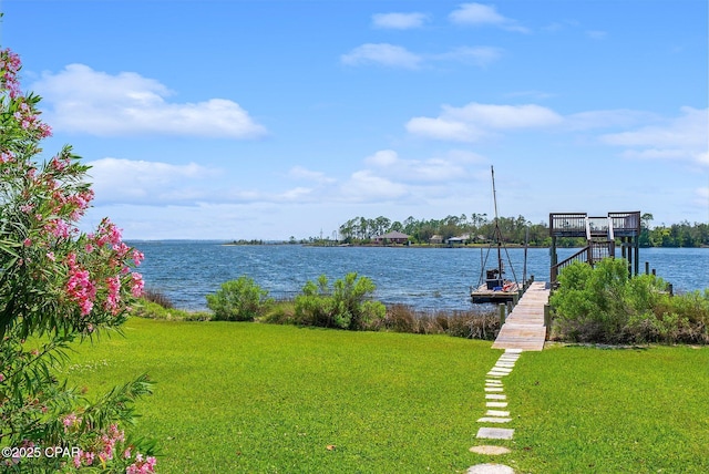 view of water feature with a dock
