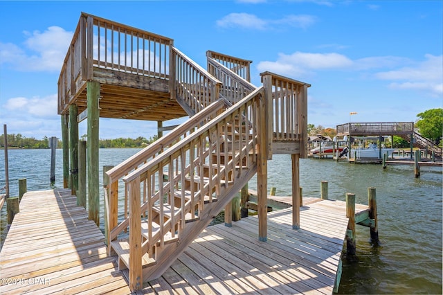 view of dock with stairway and a water view