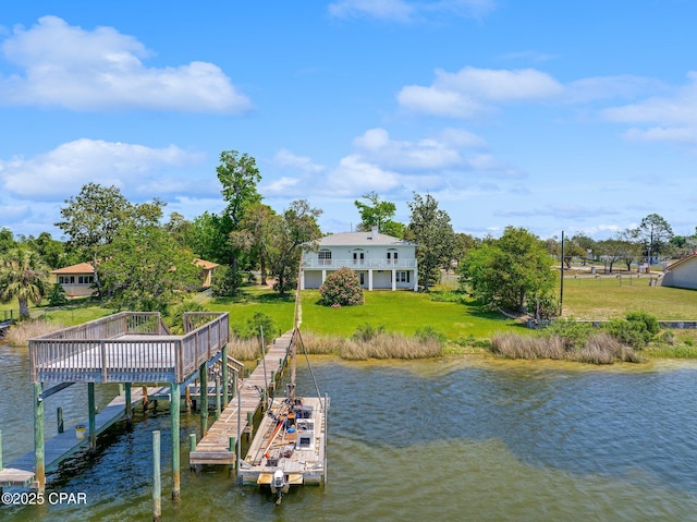 dock area featuring a lawn, stairs, and a water view