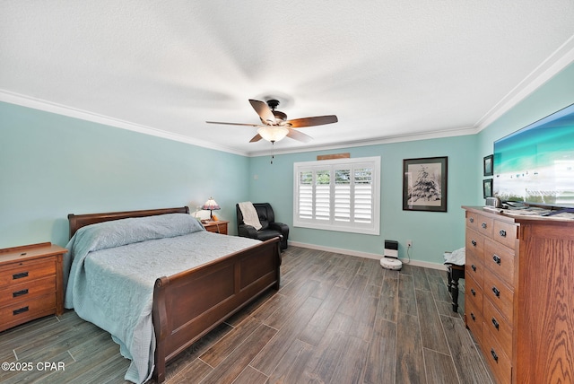 bedroom featuring dark wood-type flooring, ceiling fan, baseboards, and ornamental molding