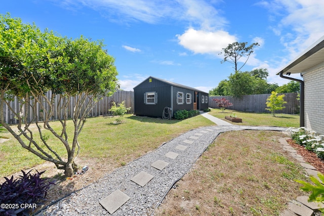 view of yard with an outbuilding and a fenced backyard