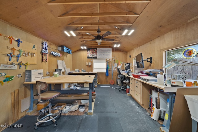 storage area featuring ceiling fan