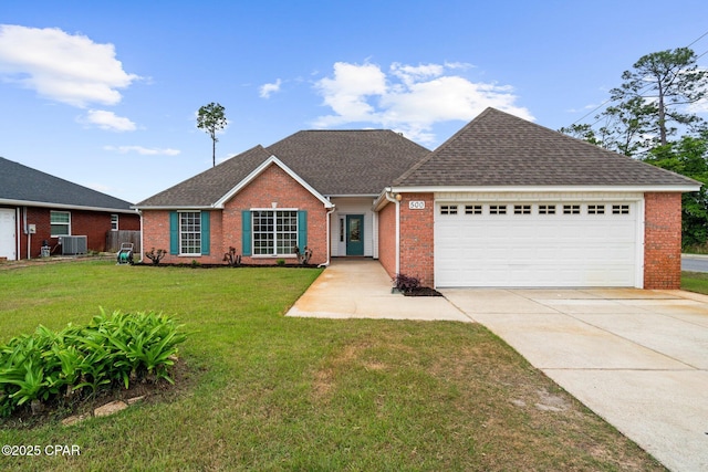 ranch-style home featuring a front lawn, a garage, a shingled roof, brick siding, and concrete driveway