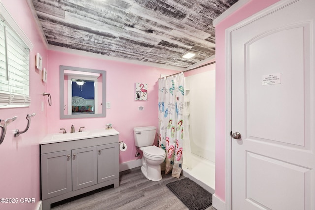 full bath with vanity, wood finished floors, curtained shower, toilet, and wood ceiling