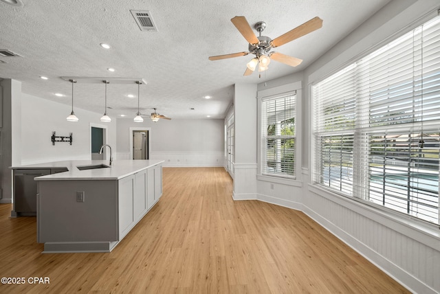 kitchen with a sink, a ceiling fan, visible vents, and light wood-style floors