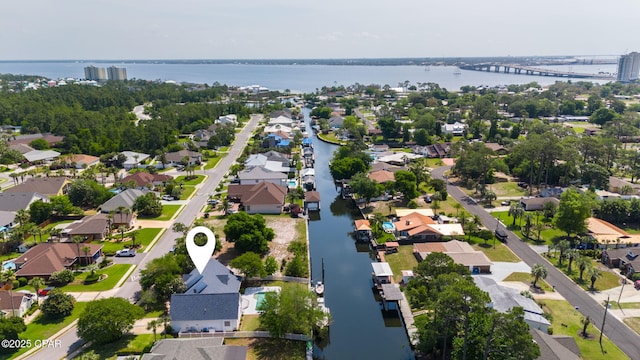 aerial view with a water view and a residential view