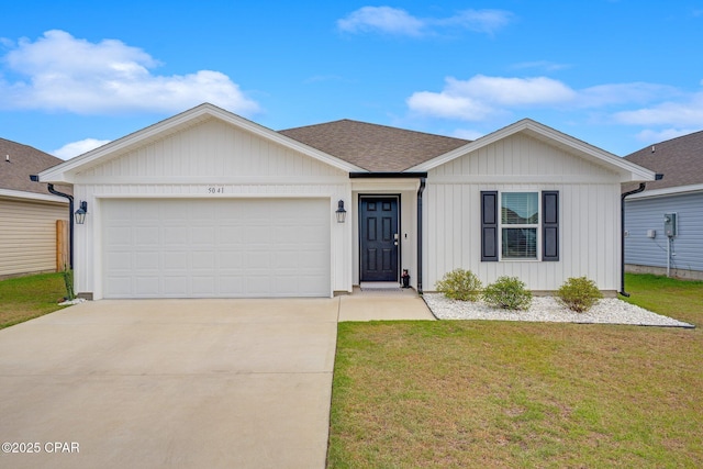 ranch-style house with concrete driveway, a front lawn, a shingled roof, and a garage