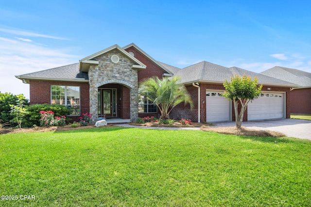 view of front of property featuring brick siding, decorative driveway, a front lawn, and a garage