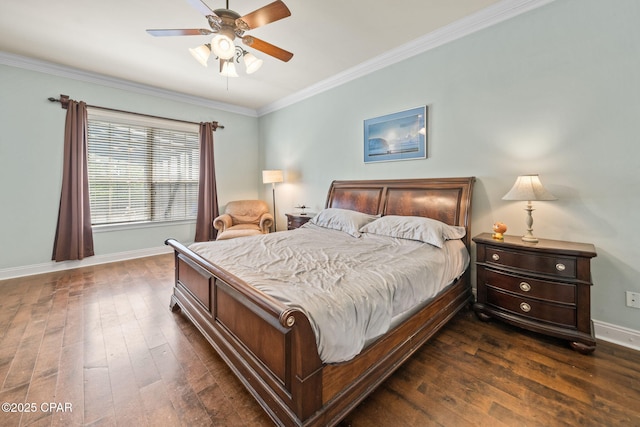 bedroom with baseboards, crown molding, dark wood-style floors, and ceiling fan