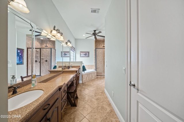full bathroom with ceiling fan, a sink, double vanity, tile patterned floors, and visible vents