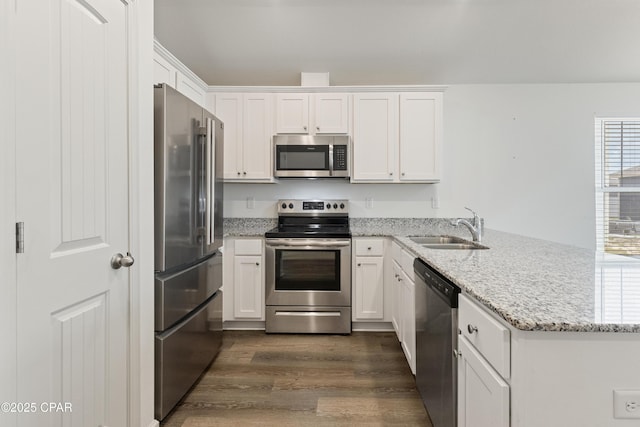 kitchen with dark wood-style flooring, appliances with stainless steel finishes, a sink, a peninsula, and white cabinetry