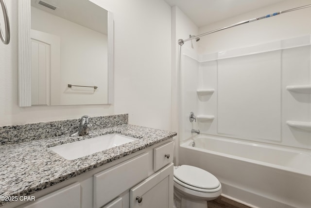 bathroom featuring shower / tub combination, vanity, toilet, wood finished floors, and visible vents