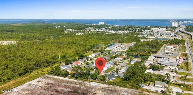bird's eye view with a water view and a forest view