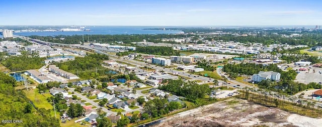 drone / aerial view with a water view