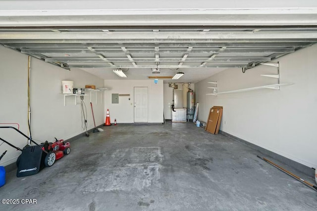 garage with gas water heater, electric panel, baseboards, heating unit, and a garage door opener