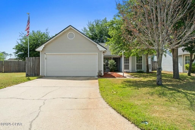 ranch-style house featuring a garage, fence, a front lawn, and driveway