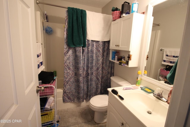 bathroom with vanity, toilet, tile patterned flooring, and shower / tub combo with curtain