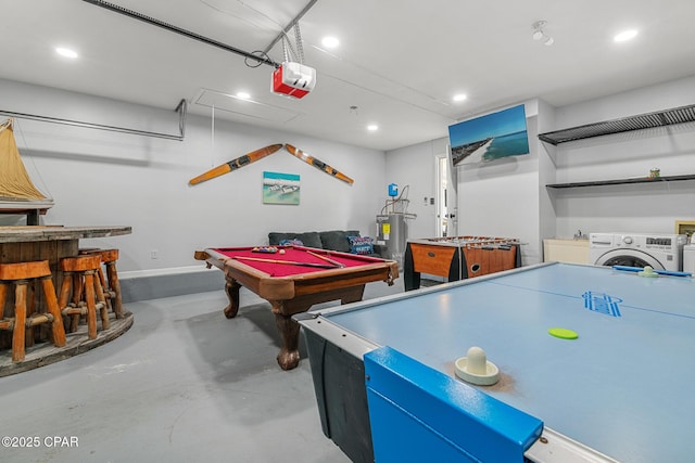 rec room featuring water heater, recessed lighting, concrete flooring, and pool table
