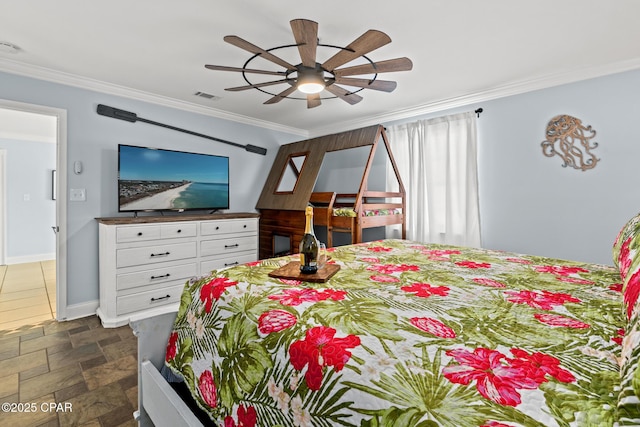 bedroom with stone finish flooring, crown molding, a ceiling fan, visible vents, and baseboards