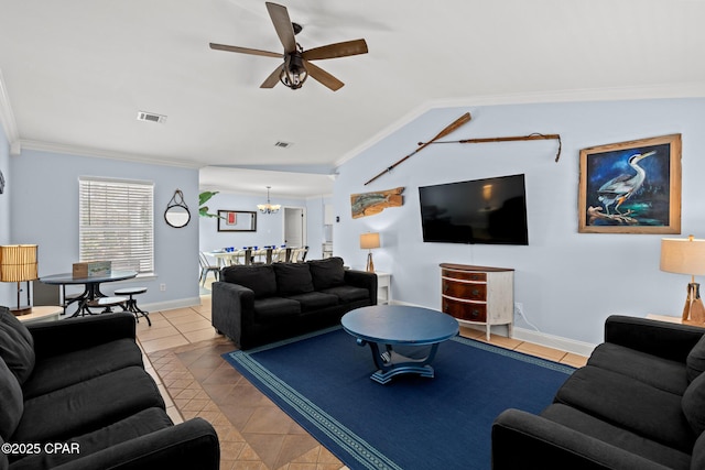 tiled living area featuring visible vents, ornamental molding, and ceiling fan with notable chandelier