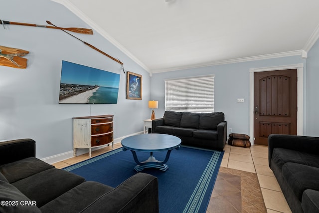 living room featuring lofted ceiling, crown molding, tile patterned flooring, and baseboards