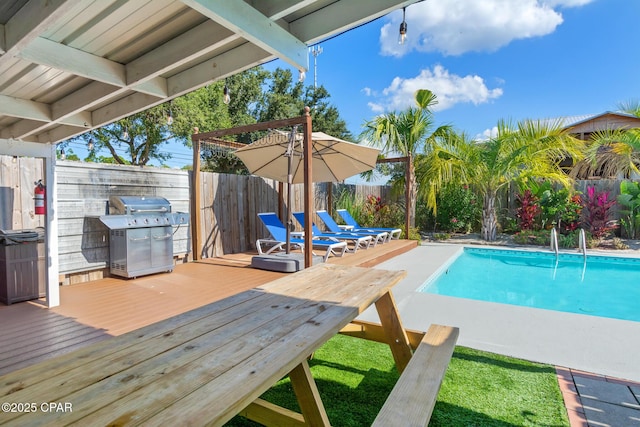 view of swimming pool featuring grilling area, a deck, a fenced in pool, and a fenced backyard
