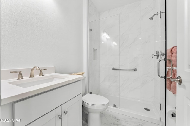 full bath featuring toilet, a shower stall, marble finish floor, and vanity
