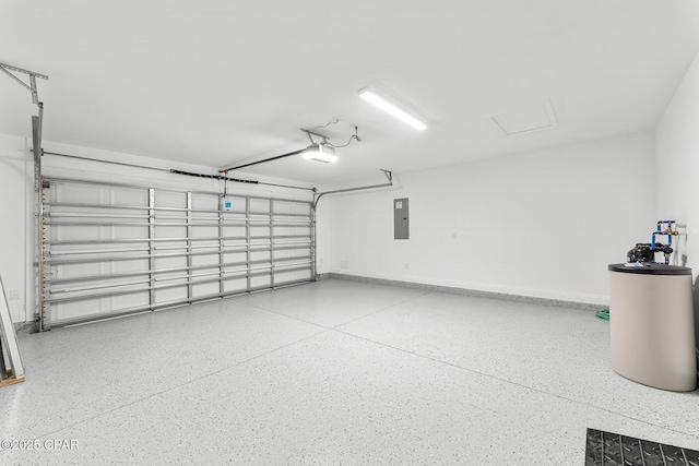 garage with baseboards, a garage door opener, and electric panel
