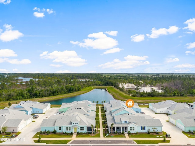 aerial view featuring a water view and a residential view