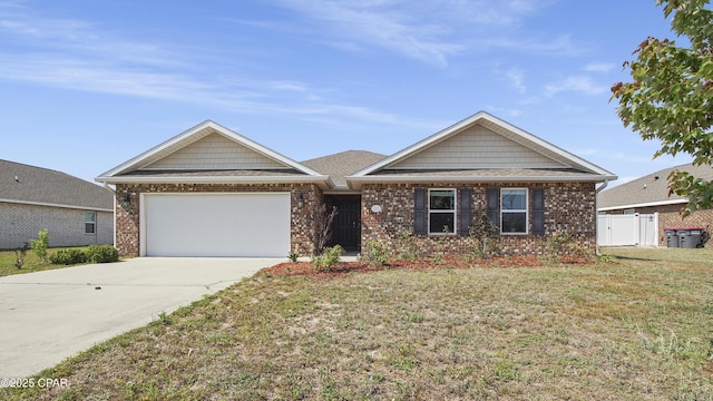 ranch-style home with a front yard, brick siding, concrete driveway, an attached garage, and fence