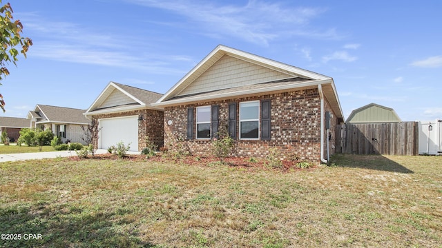 single story home featuring fence, a front lawn, brick siding, and a garage
