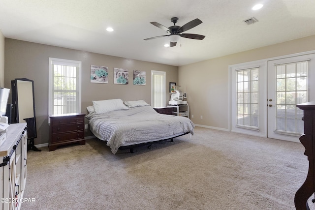 924 N College Blvd, Lynn Haven, FL 32444 - bedroom featuring access to exterior, visible vents, light colored carpet, and french doors