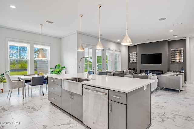 kitchen with stainless steel dishwasher, a sink, visible vents, marble finish floor, and gray cabinets