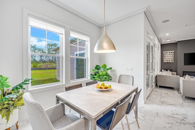 dining space featuring recessed lighting, ornamental molding, french doors, and marble finish floor