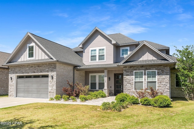 craftsman-style house featuring board and batten siding, driveway, and stone siding