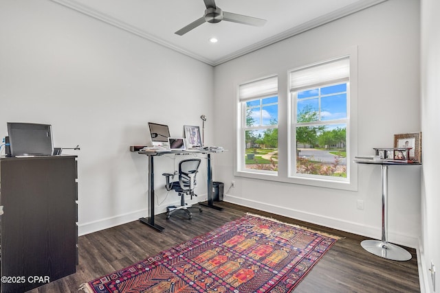 office space with recessed lighting, ceiling fan, crown molding, baseboards, and wood finished floors