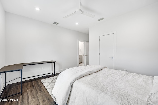 bedroom with visible vents, wood finished floors, and recessed lighting