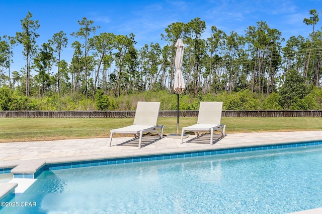 view of pool with fence, a yard, and a fenced in pool
