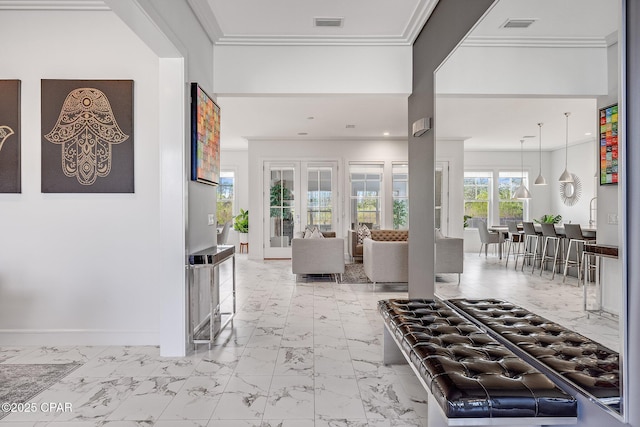 interior space featuring visible vents, marble finish floor, and baseboards