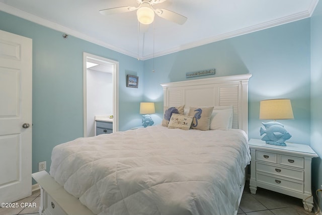 9850 S Thomas Dr Unit 810E, Panama City, FL 32408 - bedroom with tile patterned flooring, crown molding, ceiling fan, and connected bathroom