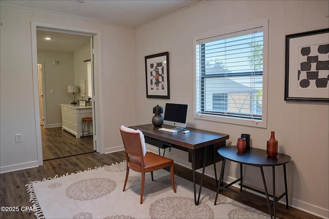 home office with baseboards, ornamental molding, and wood finished floors