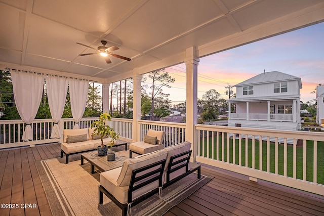 19 Mckenna Way, Santa Rosa Beach, FL 32459 - wooden terrace featuring outdoor lounge area, ceiling fan, and a yard